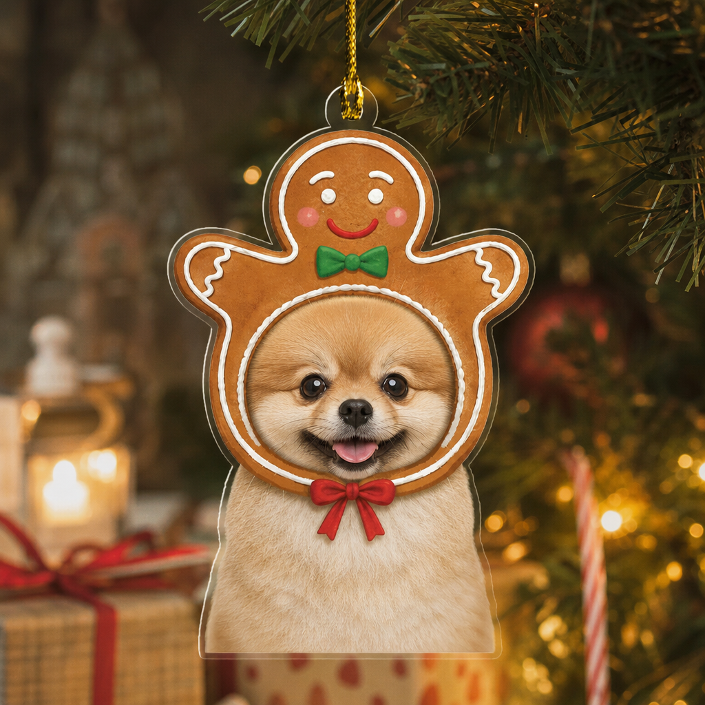 Gingerbread man pet ornament with a custom Pomeranian photo by a Christmas tree and gifts