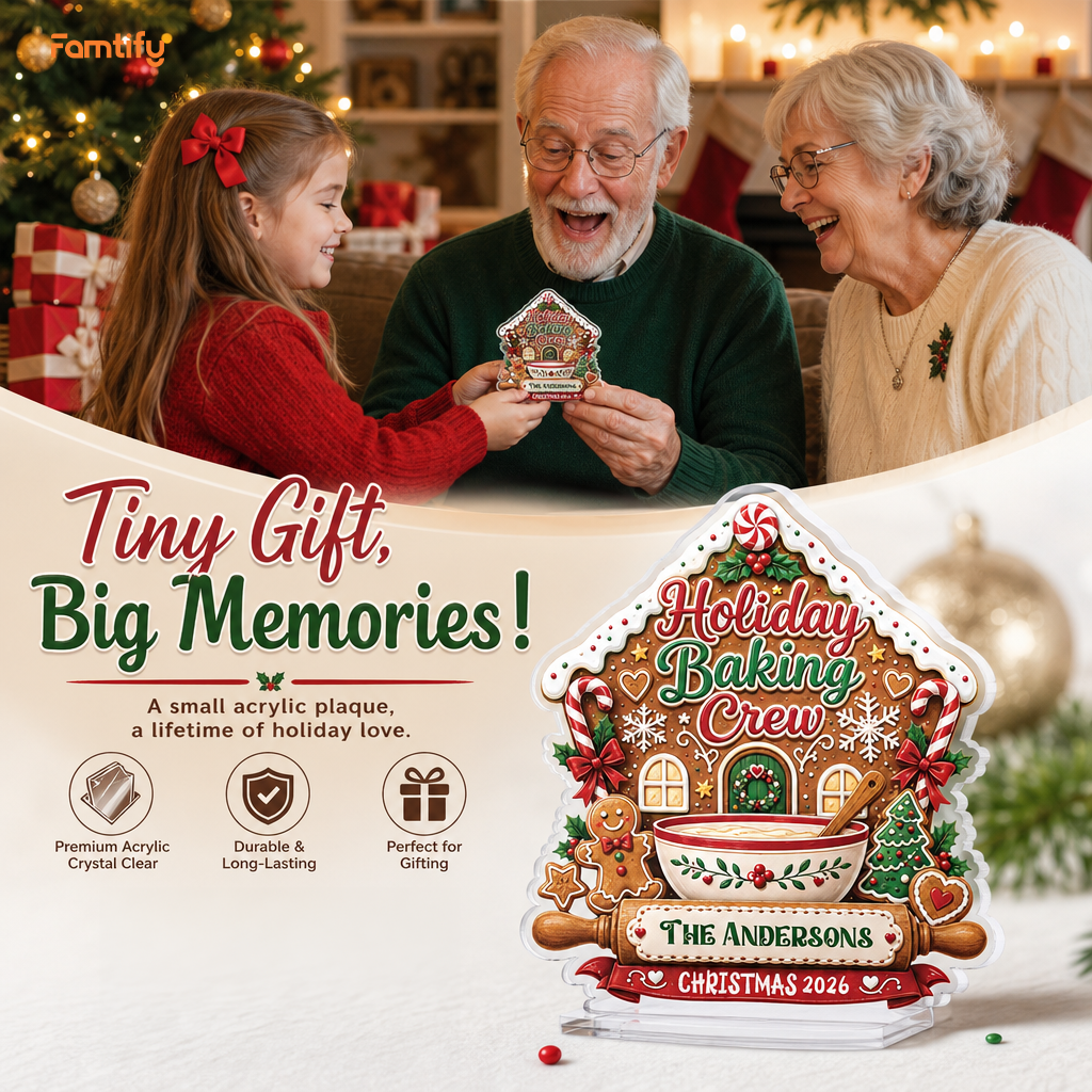 Tiny Gift Big Memories banner showing grandparents with granddaughter and the Holiday Baking Crew acrylic plaque