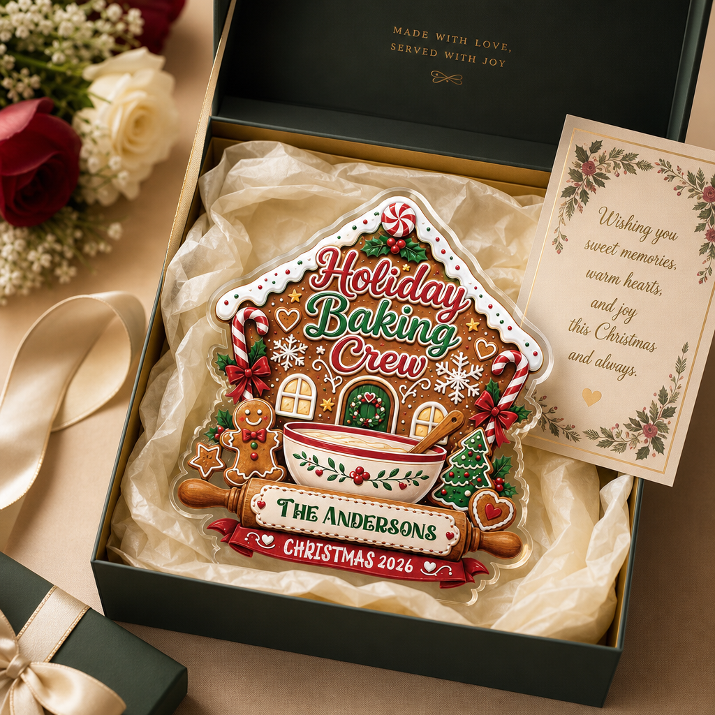 Holiday Baking Crew custom family name plaque in a gift box with tissue, roses and a holiday greeting card