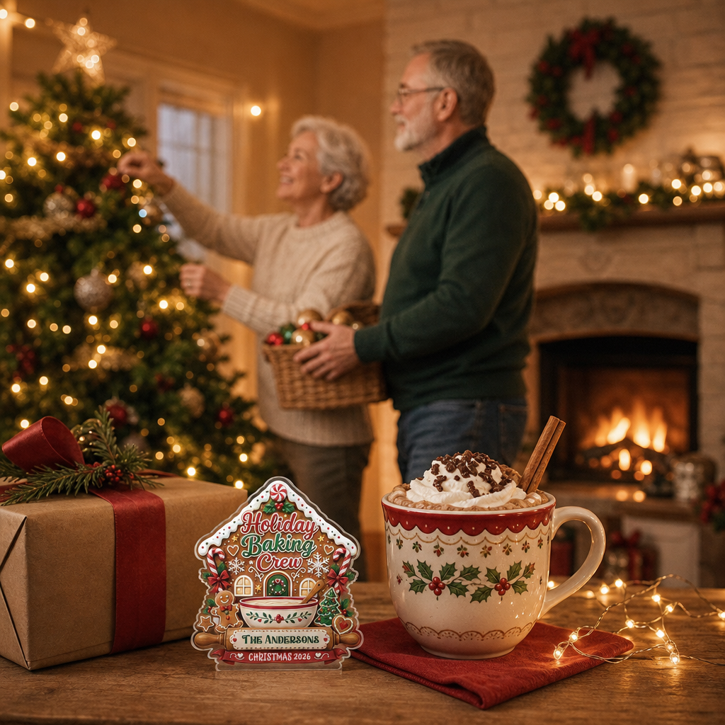 Holiday Baking Crew acrylic plaque beside a cocoa mug while an older couple decorates the Christmas tree by the fireplace