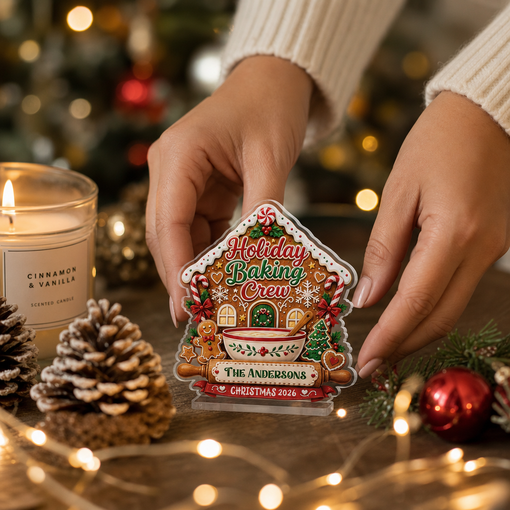 Hands placing a gingerbread house Holiday Baking Crew plaque on a table among pine cones, candle and fairy lights