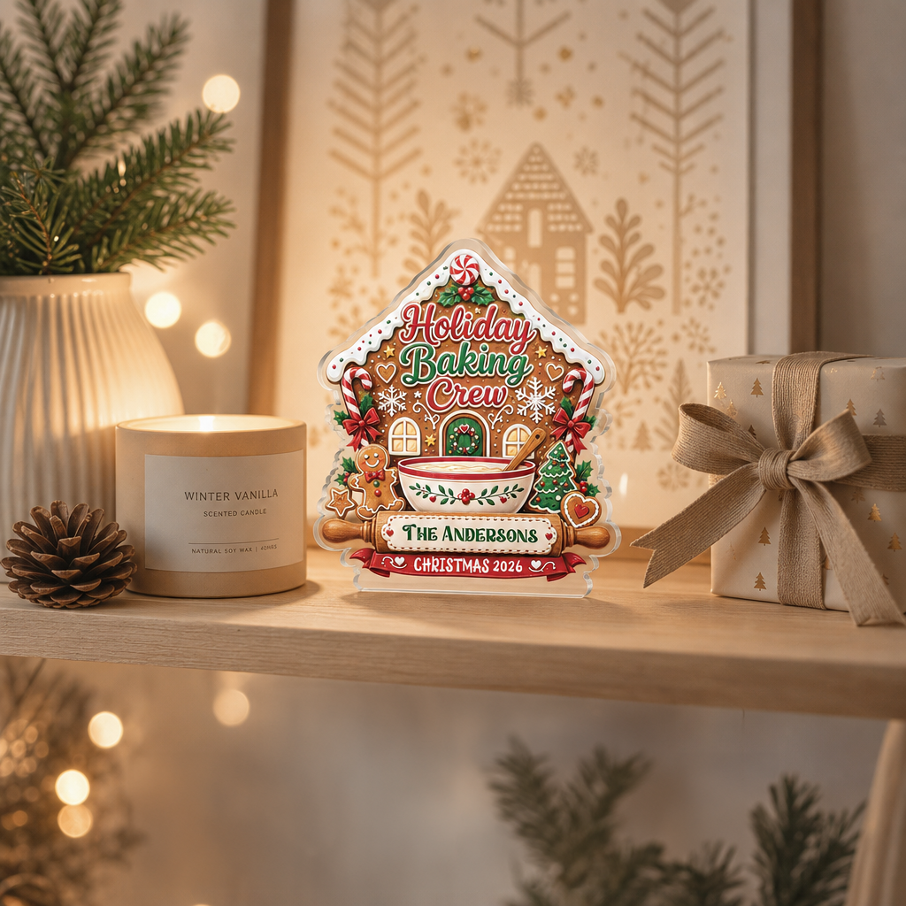 Holiday Baking Crew custom name acrylic plaque displayed on a neutral shelf with a candle and ribboned gift box