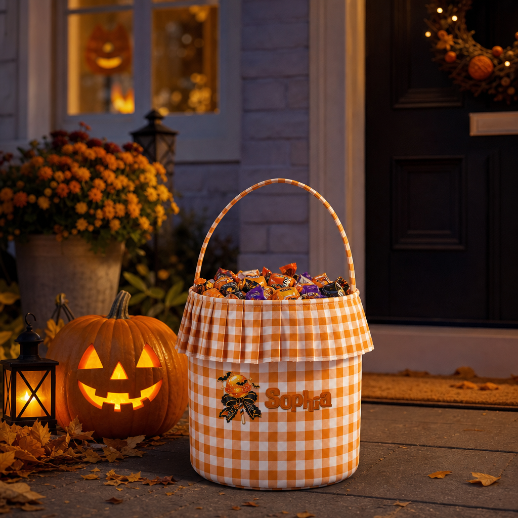 Personalized Halloween Lollipop 3D Puff Embroidered Ruffle Basket Custom Name Trick or Treat Bucket