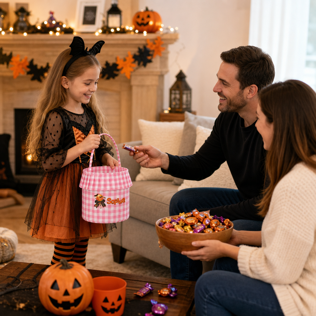 Personalized Halloween Lollipop 3D Puff Embroidered Ruffle Basket Custom Name Trick or Treat Bucket