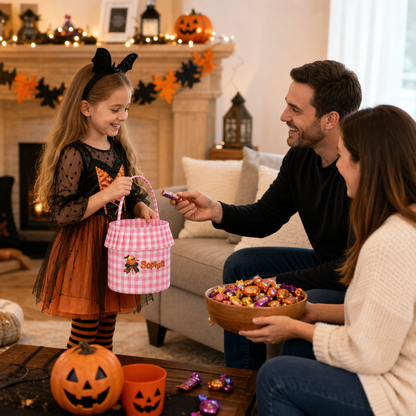 Personalized Halloween Lollipop 3D Puff Embroidered Ruffle Basket Custom Name Trick or Treat Bucket