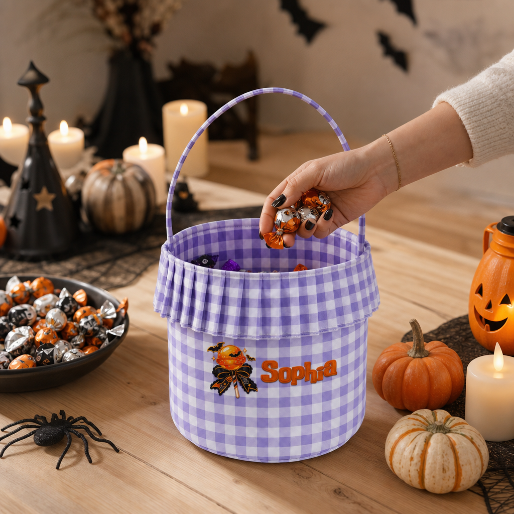 Personalized Halloween Lollipop 3D Puff Embroidered Ruffle Basket Custom Name Trick or Treat Bucket