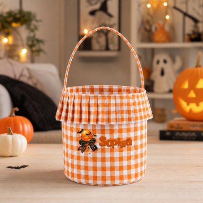 Personalized Halloween Lollipop 3D Puff Embroidered Ruffle Basket Custom Name Trick or Treat Bucket