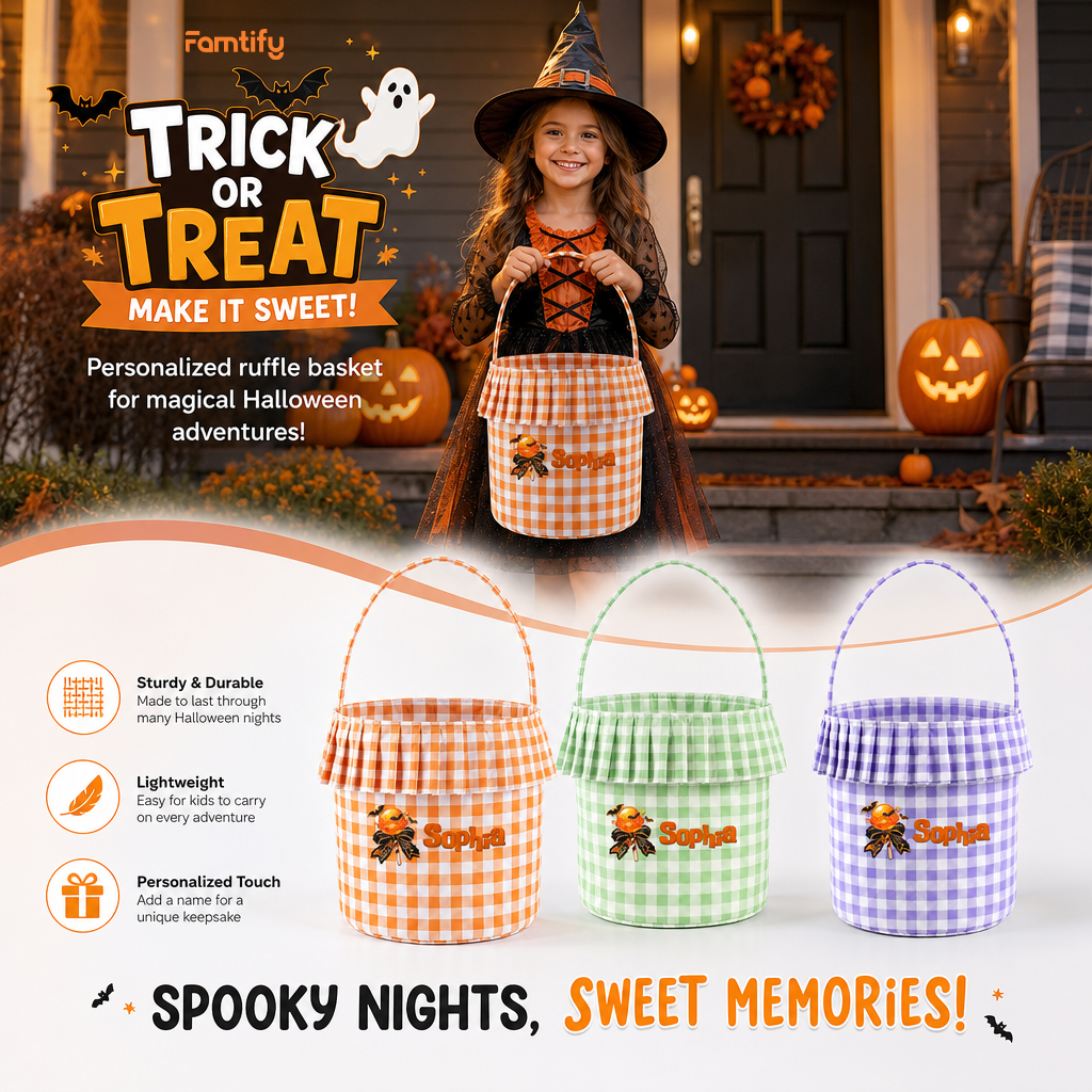 Personalized Halloween Lollipop 3D Puff Embroidered Ruffle Basket Custom Name Trick or Treat Bucket