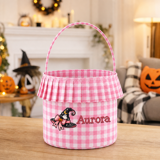 Personalized Halloween Witch Hat Ghost 3D Puff Embroidered Ruffle Basket Custom Name Trick or Treat Bucket