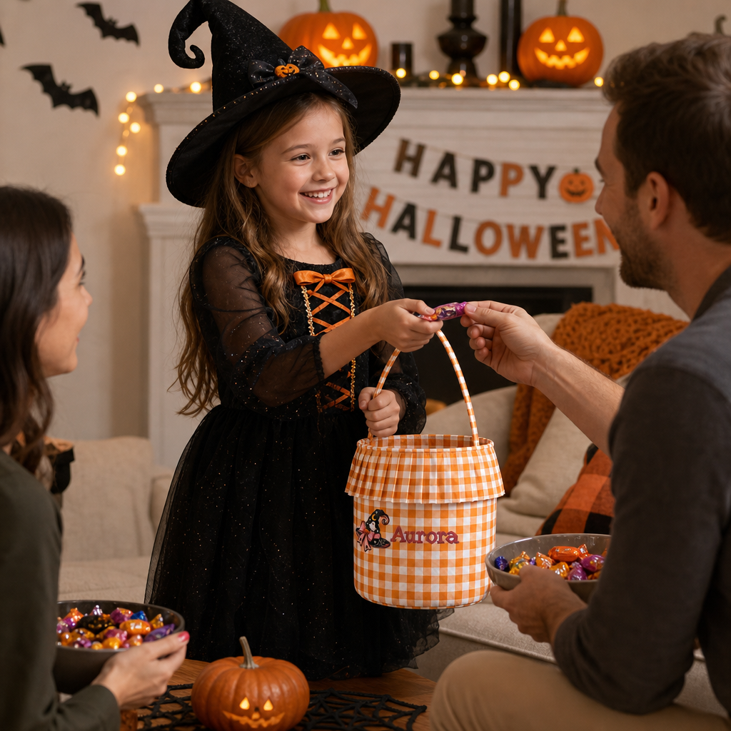 Personalized Halloween Witch Hat Ghost 3D Puff Embroidered Ruffle Basket Custom Name Trick or Treat Bucket