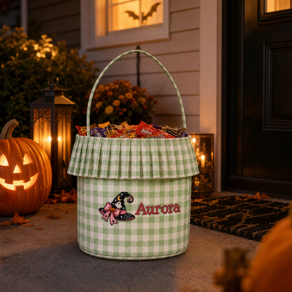 Personalized Halloween Witch Hat Ghost 3D Puff Embroidered Ruffle Basket Custom Name Trick or Treat Bucket