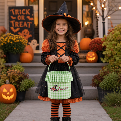 Personalized Halloween Witch Hat Ghost 3D Puff Embroidered Ruffle Basket Custom Name Trick or Treat Bucket