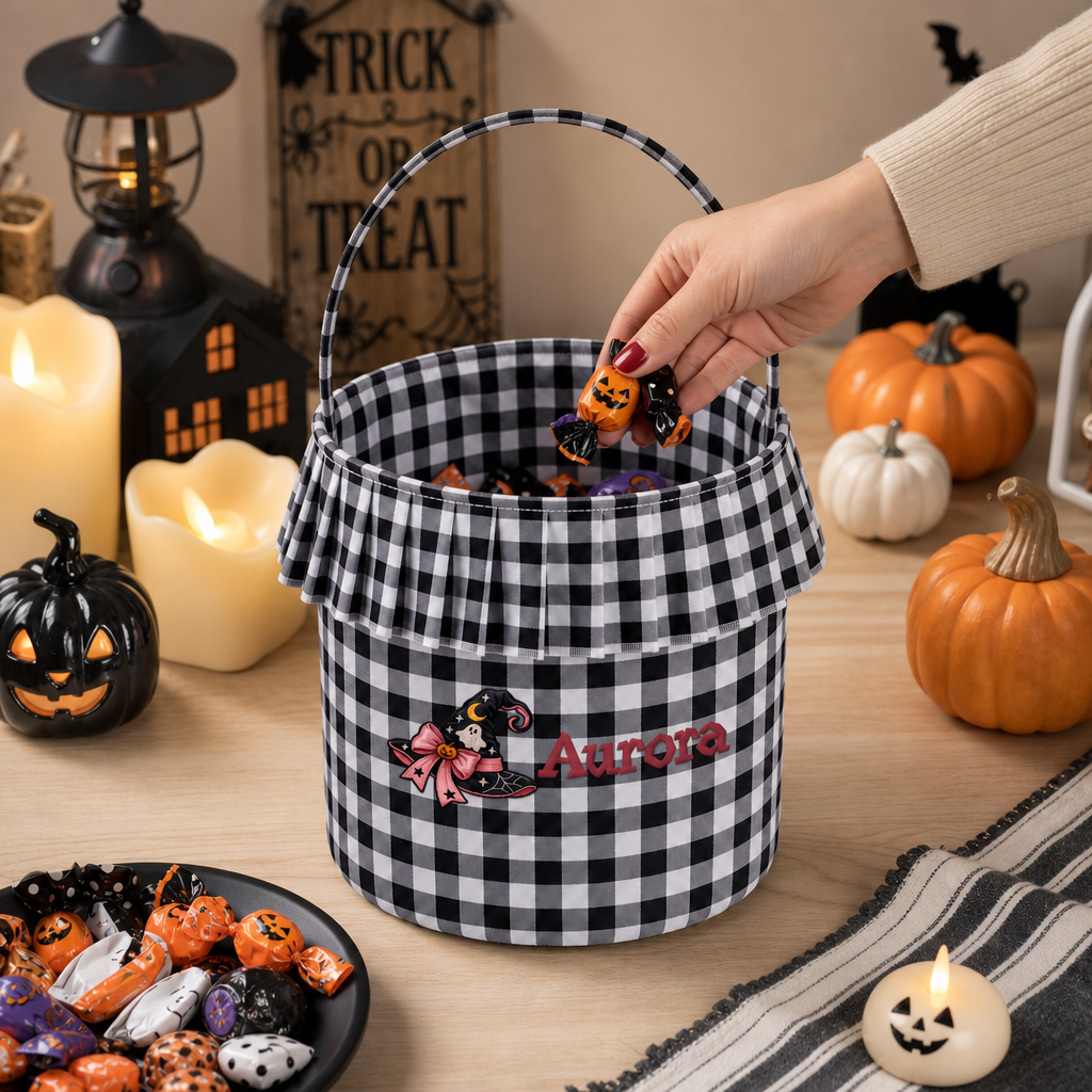 Personalized Halloween Witch Hat Ghost 3D Puff Embroidered Ruffle Basket Custom Name Trick or Treat Bucket