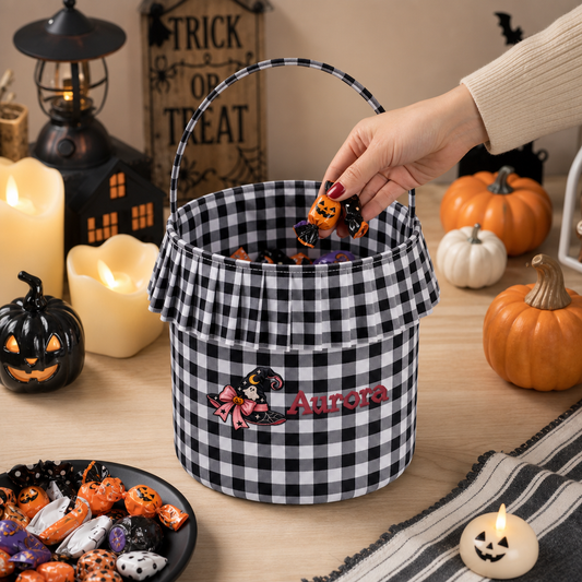 Personalized Halloween Witch Hat Ghost 3D Puff Embroidered Ruffle Basket Custom Name Trick or Treat Bucket