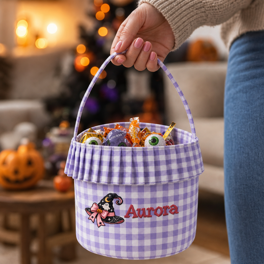 Personalized Halloween Witch Hat Ghost 3D Puff Embroidered Ruffle Basket Custom Name Trick or Treat Bucket