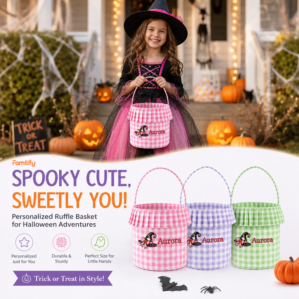 Personalized Halloween Witch Hat Ghost 3D Puff Embroidered Ruffle Basket Custom Name Trick or Treat Bucket