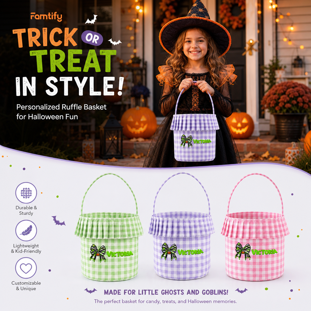 Personalized Halloween Bow Spiderweb 3D Puff Embroidered Ruffle Basket Custom Name Trick or Treat Bucket