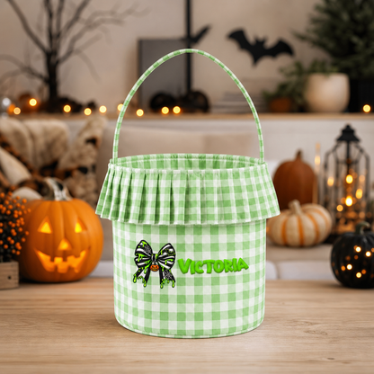Personalized Halloween Bow Spiderweb 3D Puff Embroidered Ruffle Basket Custom Name Trick or Treat Bucket