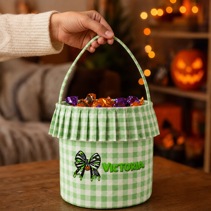 Personalized Halloween Bow Spiderweb 3D Puff Embroidered Ruffle Basket Custom Name Trick or Treat Bucket