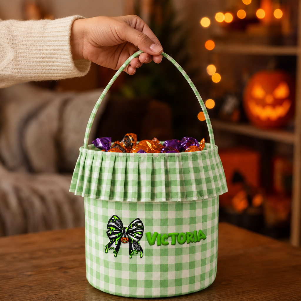 Personalized Halloween Bow Spiderweb 3D Puff Embroidered Ruffle Basket Custom Name Trick or Treat Bucket