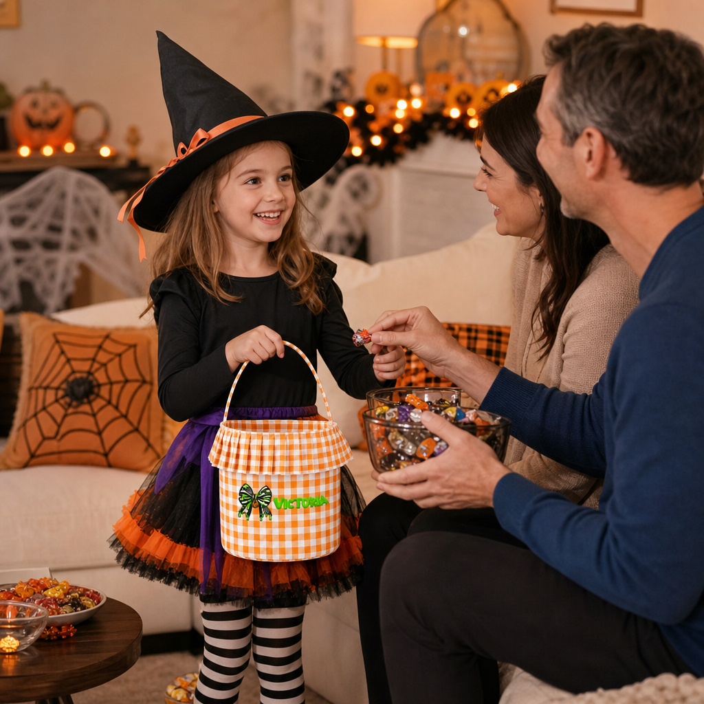 Personalized Halloween Bow Spiderweb 3D Puff Embroidered Ruffle Basket Custom Name Trick or Treat Bucket