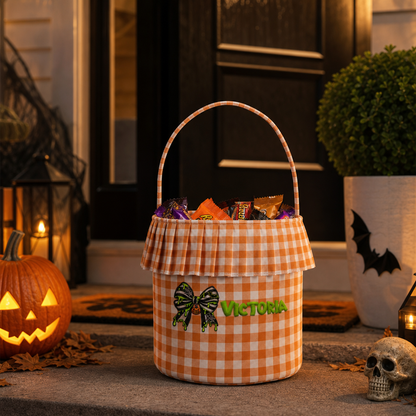 Personalized Halloween Bow Spiderweb 3D Puff Embroidered Ruffle Basket Custom Name Trick or Treat Bucket