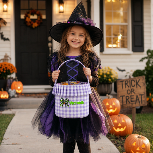 Personalized Halloween Bow Spiderweb 3D Puff Embroidered Ruffle Basket Custom Name Trick or Treat Bucket