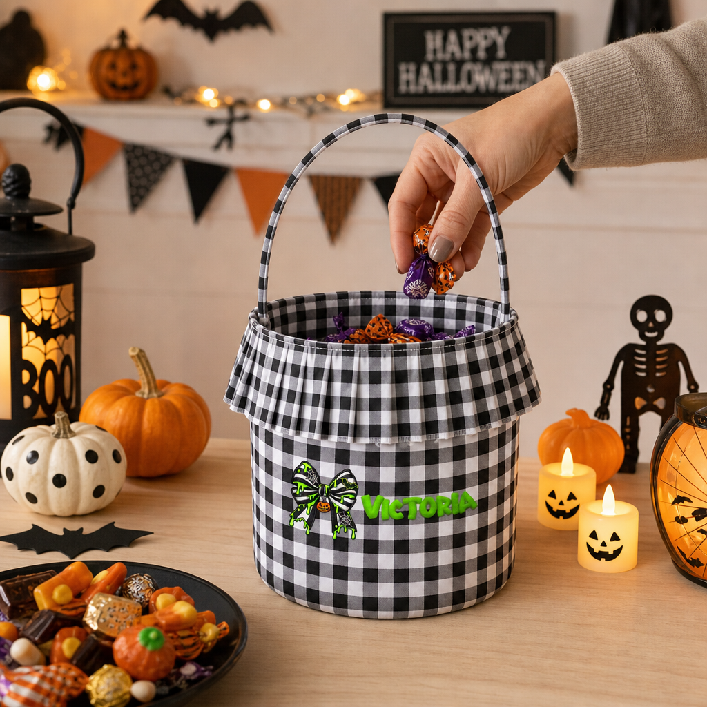 Personalized Halloween Bow Spiderweb 3D Puff Embroidered Ruffle Basket Custom Name Trick or Treat Bucket