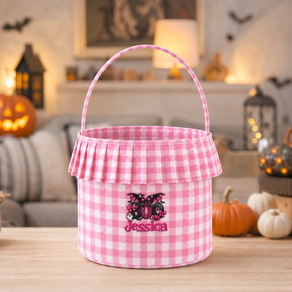 Personalized Halloween Boo Leopard Bat 3D Puff Embroidered Ruffle Basket Custom Name Trick or Treat Bucket