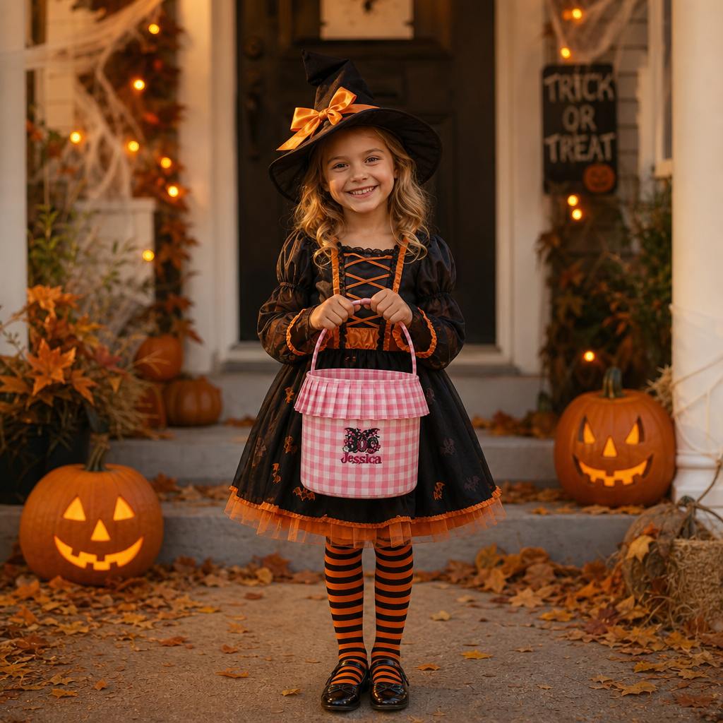 Personalized Halloween Boo Leopard Bat 3D Puff Embroidered Ruffle Basket Custom Name Trick or Treat Bucket