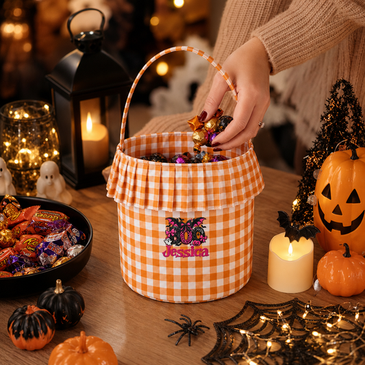 Personalized Halloween Boo Leopard Bat 3D Puff Embroidered Ruffle Basket Custom Name Trick or Treat Bucket