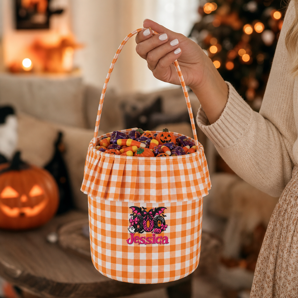Personalized Halloween Boo Leopard Bat 3D Puff Embroidered Ruffle Basket Custom Name Trick or Treat Bucket