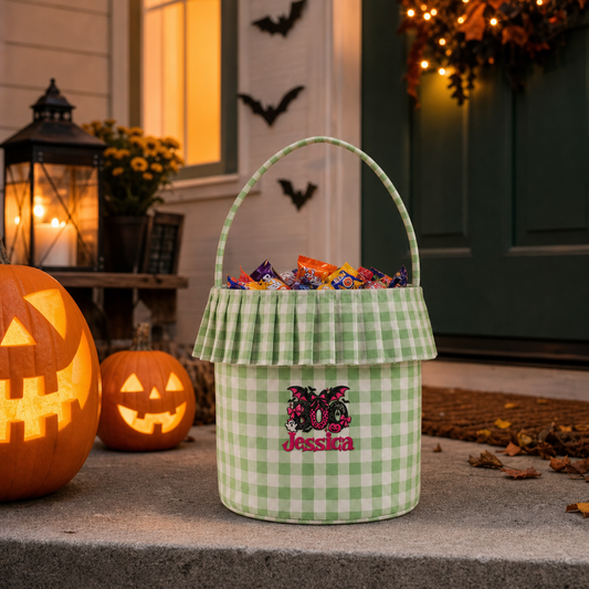 Personalized Halloween Boo Leopard Bat 3D Puff Embroidered Ruffle Basket Custom Name Trick or Treat Bucket