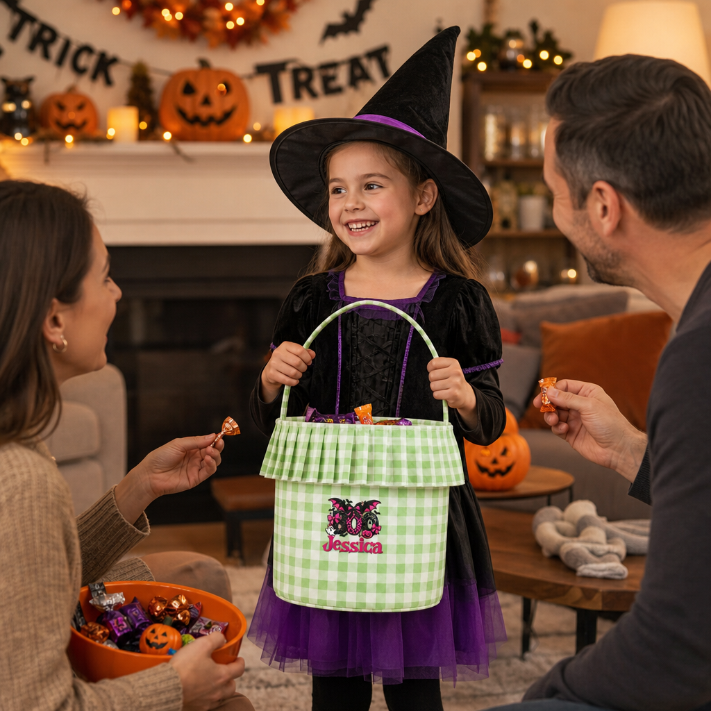 Personalized Halloween Boo Leopard Bat 3D Puff Embroidered Ruffle Basket Custom Name Trick or Treat Bucket