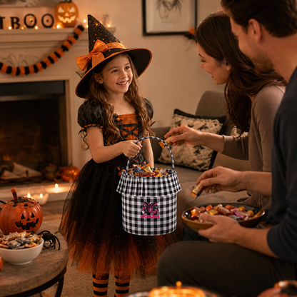 Personalized Halloween Boo Leopard Bat 3D Puff Embroidered Ruffle Basket Custom Name Trick or Treat Bucket