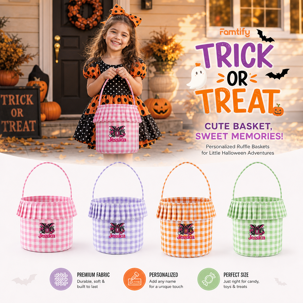 Personalized Halloween Boo Leopard Bat 3D Puff Embroidered Ruffle Basket Custom Name Trick or Treat Bucket
