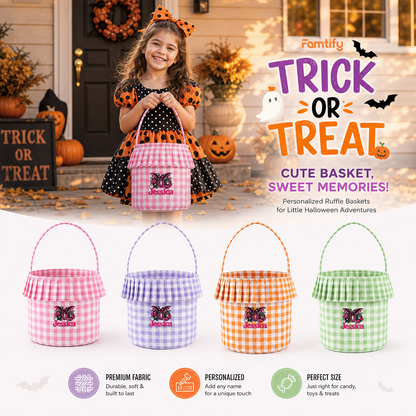 Personalized Halloween Boo Leopard Bat 3D Puff Embroidered Ruffle Basket Custom Name Trick or Treat Bucket