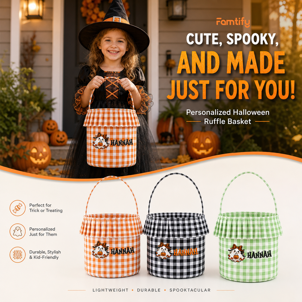 Personalized Halloween Ghost Pumpkin Bow 3D Puff Embroidered Ruffle Basket Custom Name Trick or Treat Bucket