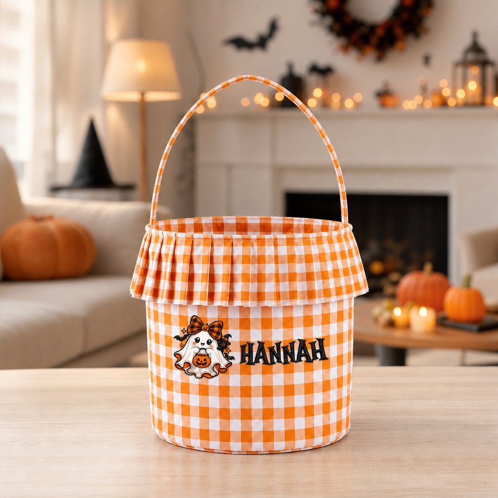 Personalized Halloween Ghost Pumpkin Bow 3D Puff Embroidered Ruffle Basket Custom Name Trick or Treat Bucket