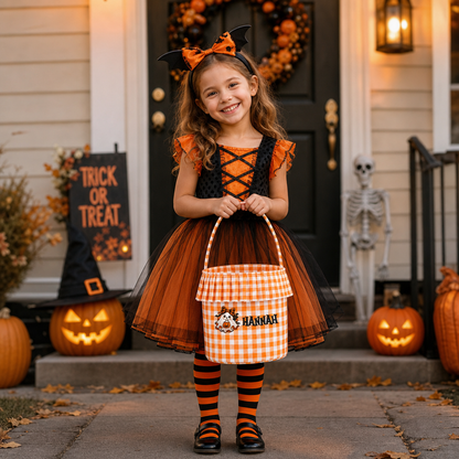 Personalized Halloween Ghost Pumpkin Bow 3D Puff Embroidered Ruffle Basket Custom Name Trick or Treat Bucket