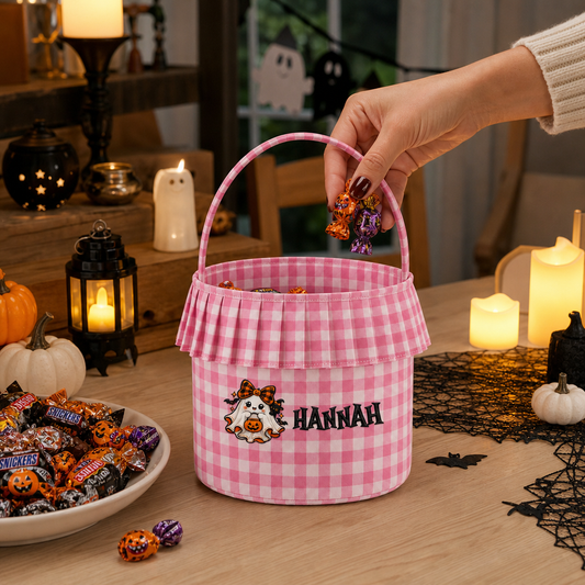 Personalized Halloween Ghost Pumpkin Bow 3D Puff Embroidered Ruffle Basket Custom Name Trick or Treat Bucket
