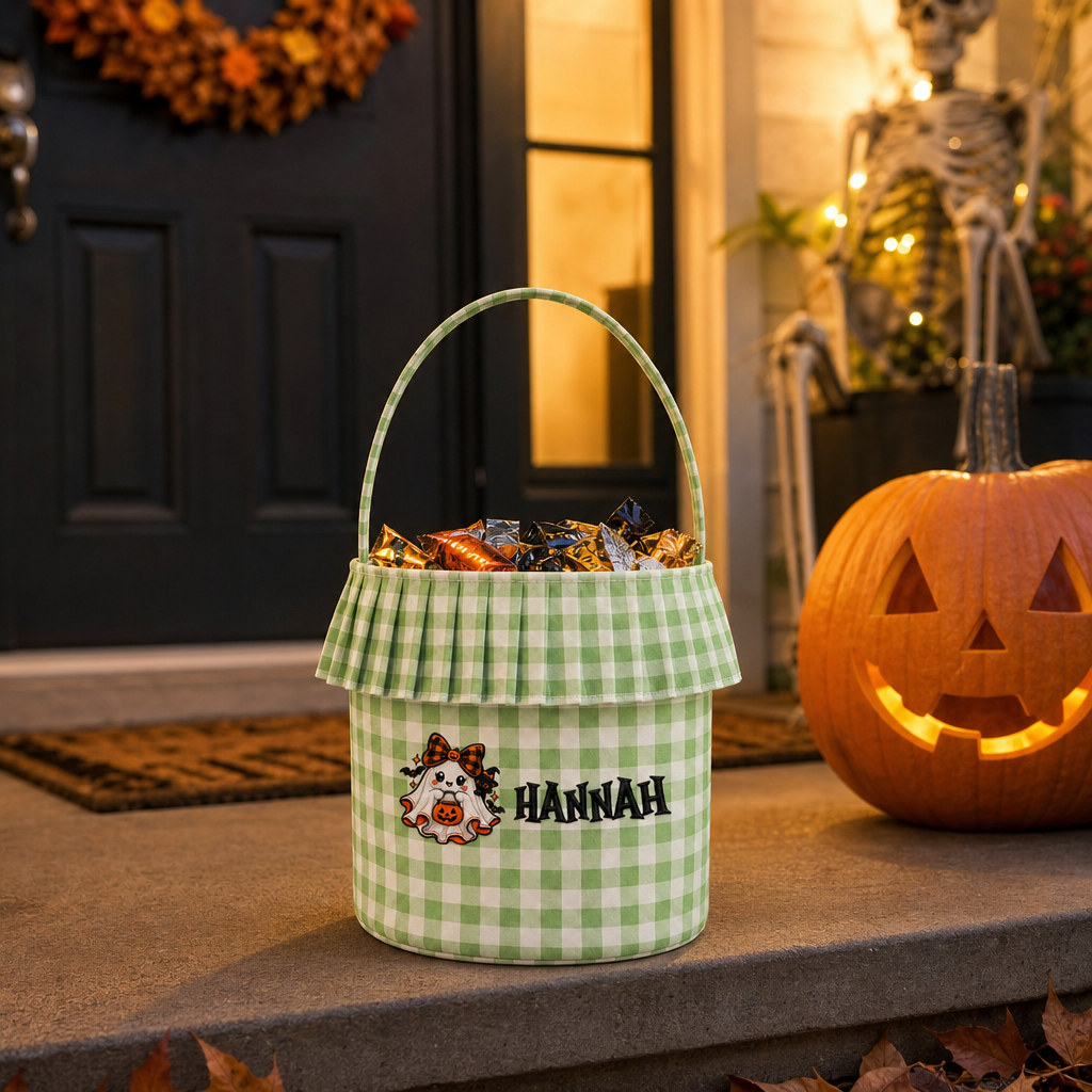 Personalized Halloween Ghost Pumpkin Bow 3D Puff Embroidered Ruffle Basket Custom Name Trick or Treat Bucket