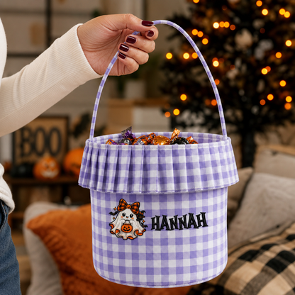 Personalized Halloween Ghost Pumpkin Bow 3D Puff Embroidered Ruffle Basket Custom Name Trick or Treat Bucket