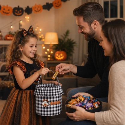 Personalized Halloween Ghost Pumpkin Bow 3D Puff Embroidered Ruffle Basket Custom Name Trick or Treat Bucket