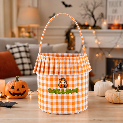 Personalized Halloween Ghost Pumpkin 3D Puff Embroidered Ruffle Basket Custom Name Trick or Treat Bucket
