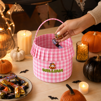 Personalized Halloween Ghost Pumpkin 3D Puff Embroidered Ruffle Basket Custom Name Trick or Treat Bucket