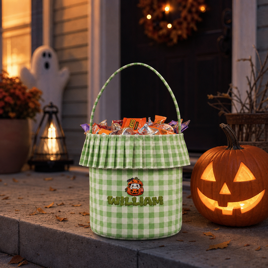 Personalized Halloween Ghost Pumpkin 3D Puff Embroidered Ruffle Basket Custom Name Trick or Treat Bucket