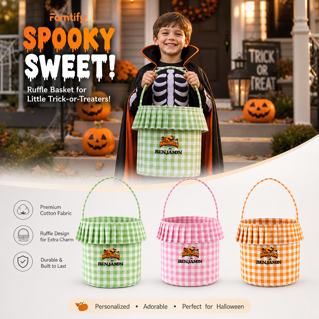 Personalized Halloween Spooky Moon Bat 3D Puff Embroidered Ruffle Basket Custom Name Trick or Treat Bucket