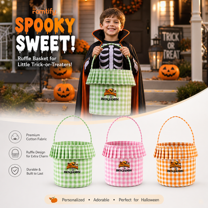 Personalized Halloween Spooky Moon Bat 3D Puff Embroidered Ruffle Basket Custom Name Trick or Treat Bucket