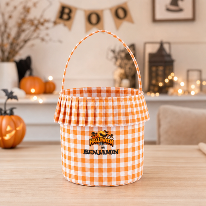 Personalized Halloween Spooky Moon Bat 3D Puff Embroidered Ruffle Basket Custom Name Trick or Treat Bucket